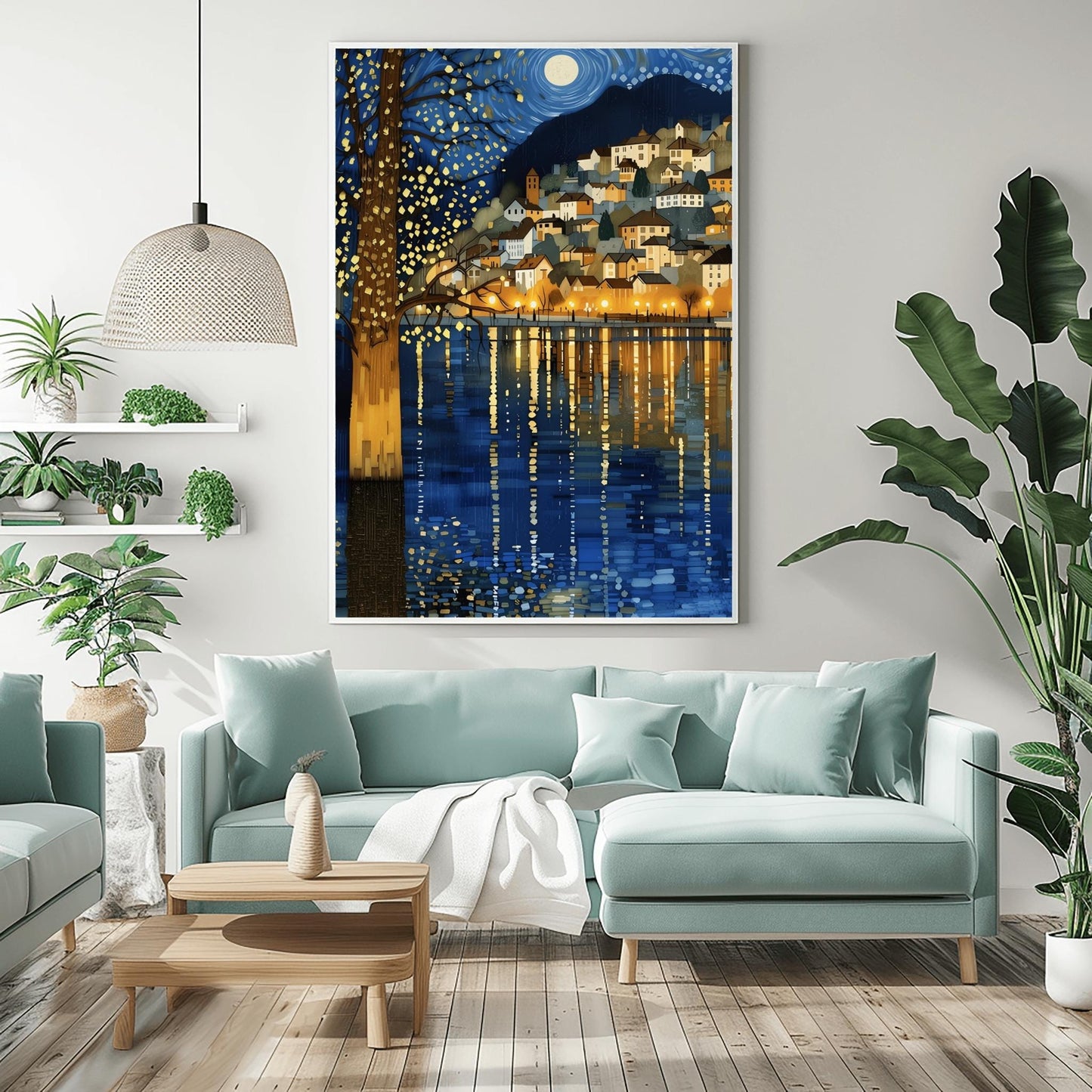 A vertical fine art painting in the style of Gustav Klimt. A coastal village with warm-lit houses is nestled on a hillside at night. A large, shimmering tree with gold-textured bark stands in the left foreground. Above, a full moon sits within a swirling blue sky of mosaic stars. The water in the foreground features long, vertical golden reflections of the village lights.