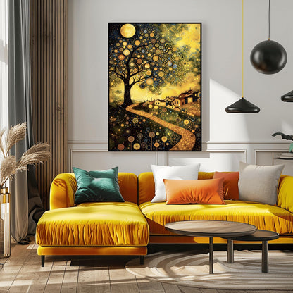 A vertical fine art painting in the style of Gustav Klimt. A large tree on the left is covered in golden concentric circles and spirals. A golden, mosaic-textured path winds through dark hills toward a village with lit windows under a full moon. The sky is dark blue with swirling golden stardust patterns. The foreground is decorated with stylized golden flowers.
