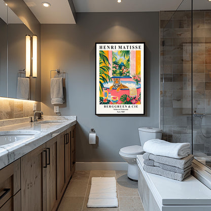 A vertical minimalist fine art exhibition poster in the style of Henri Matisse, featuring a wide white border layout. In the center, a simple black line drawing illustrates a tiger in a crouching, stalking pose. The illustration is set against a vibrant mustard yellow background block, framed by flat paper-cut abstract shapes including a royal blue coral leaf on the left and a terracotta red shape on the right against a solid white backdrop.