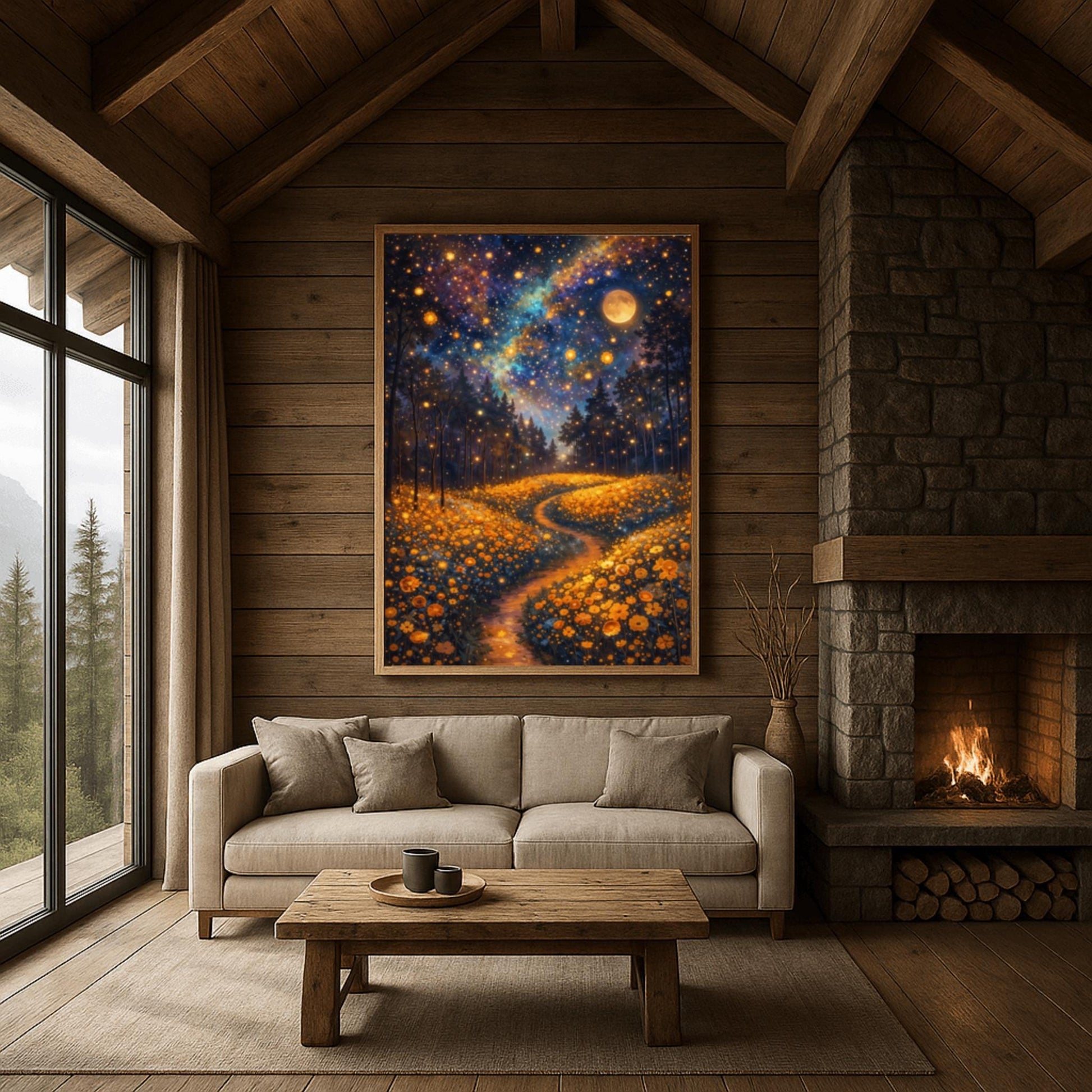 A vertical fine art print in the style of Gustav Klimt. A glowing path winds through a dense field of amber-colored wildflowers. Dark silhouettes of trees stand in the middle ground. The night sky is a deep indigo nebula filled with golden stars and a large, glowing full moon.