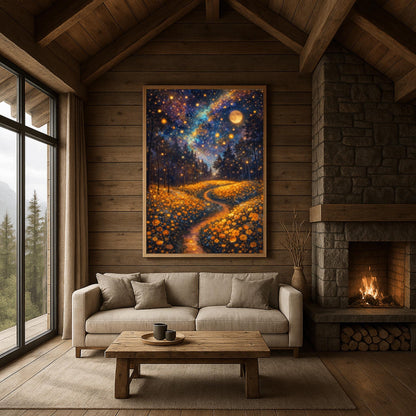 A vertical fine art print in the style of Gustav Klimt. A glowing path winds through a dense field of amber-colored wildflowers. Dark silhouettes of trees stand in the middle ground. The night sky is a deep indigo nebula filled with golden stars and a large, glowing full moon.