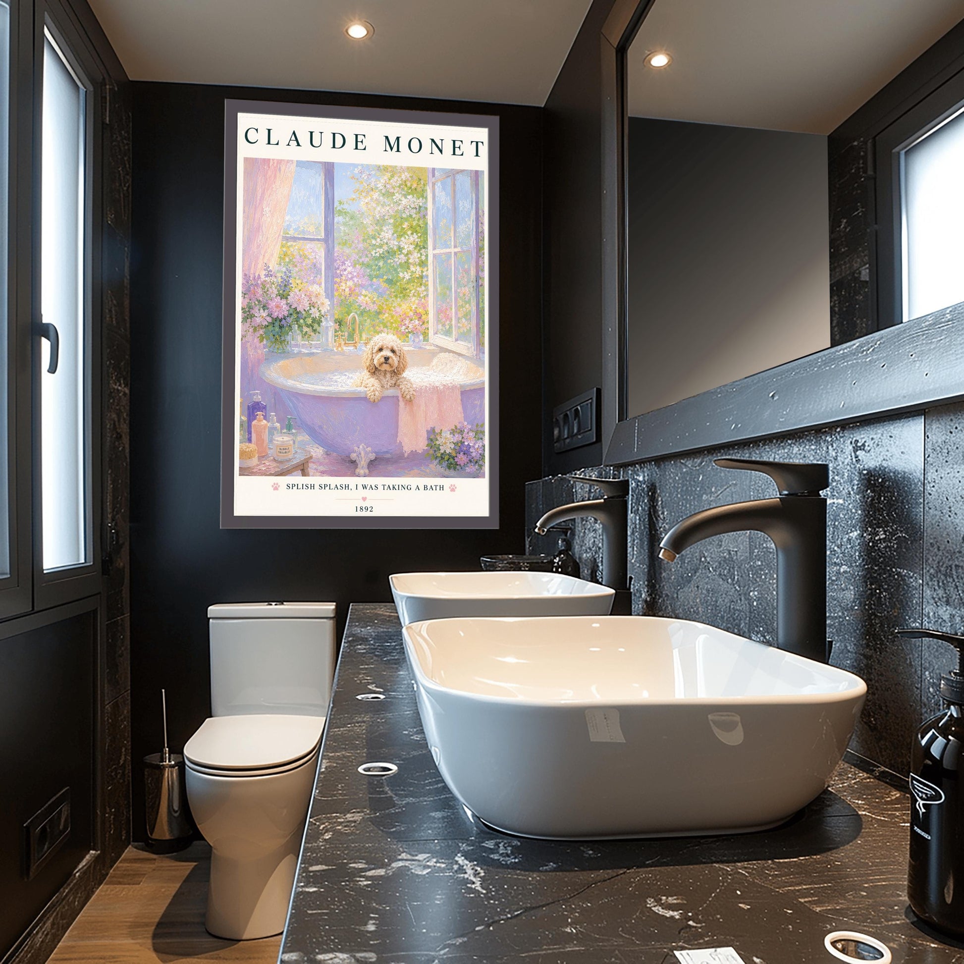 A vertical art print in a soft impressionist style. A small, fluffy, cream-colored dog sits in a lavender-colored bathtub filled with soapy bubbles. The tub is by an open window overlooking a sunlit garden of pink and purple flowers. The top of the print says "CLAUDE MONET" in a dark serif font. The bottom features the text "SPLISH SPLASH, I WAS TAKING A BATH" with small pink paw prints.