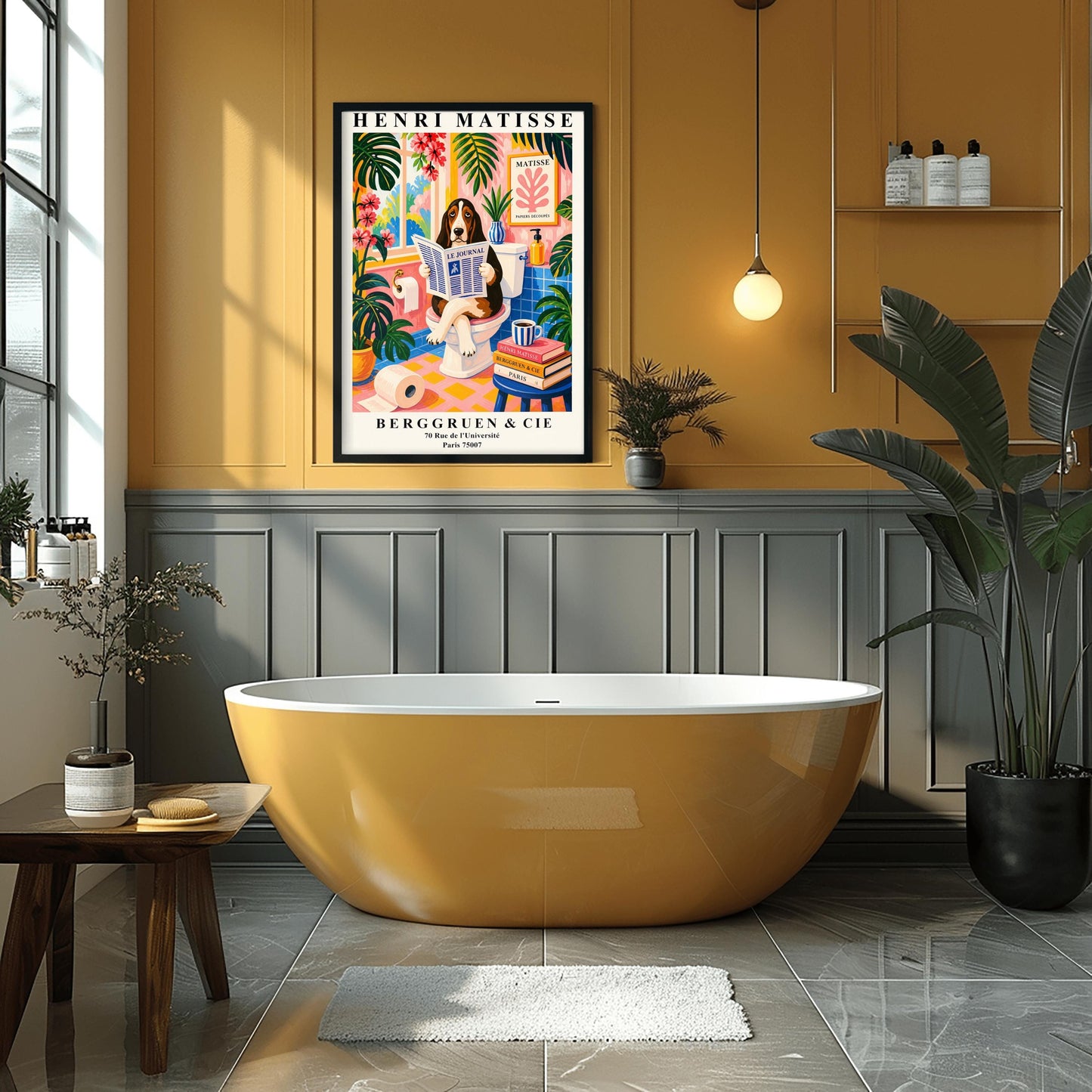 A vertical maximalist art print designed as a Henri Matisse exhibition poster. A brown, black, and white Basset Hound is sitting on a white toilet with its legs crossed, holding and reading a newspaper titled "Le Journal." The bathroom is vibrantly colored with pink walls, blue wall tiles, and a pink and yellow checkered floor. The room is filled with large green tropical plants and red flowers. A stack of art books and a striped mug sit on a blue stool.