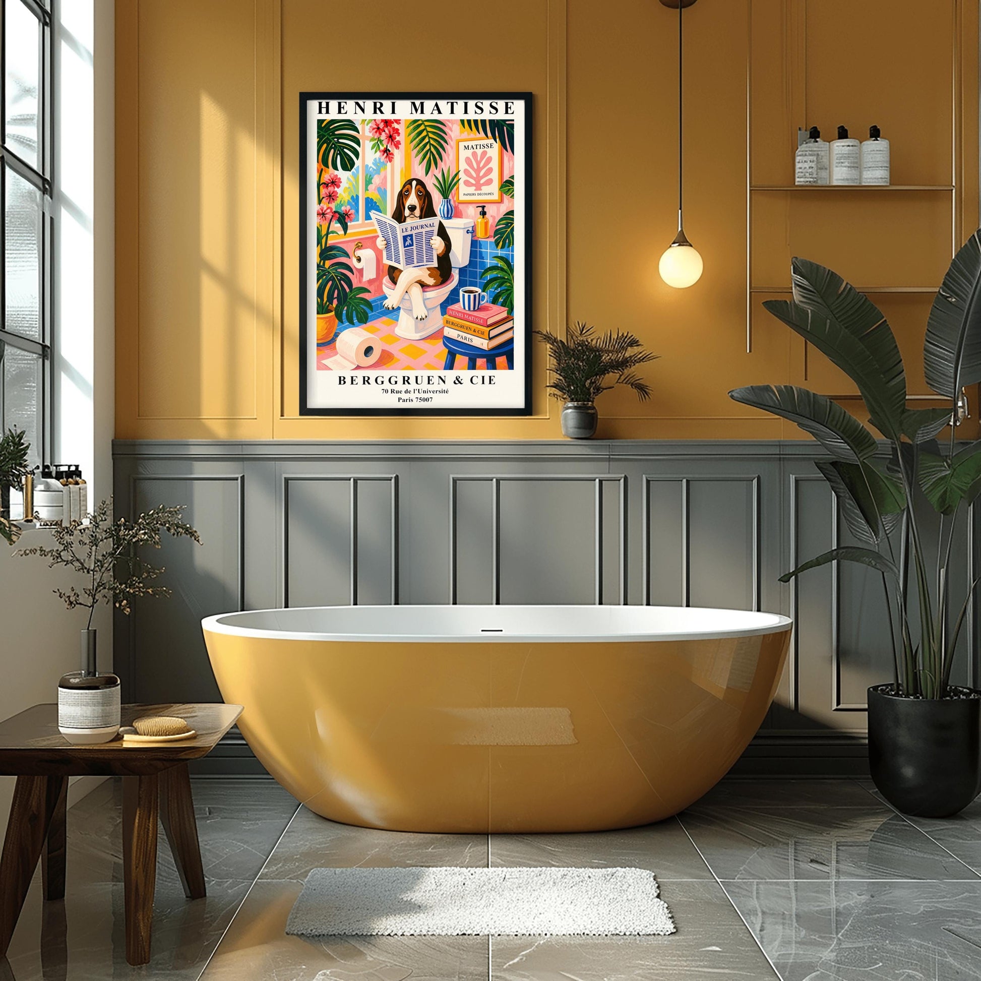 A vertical maximalist art print designed as a Henri Matisse exhibition poster. A brown, black, and white Basset Hound is sitting on a white toilet with its legs crossed, holding and reading a newspaper titled "Le Journal." The bathroom is vibrantly colored with pink walls, blue wall tiles, and a pink and yellow checkered floor. The room is filled with large green tropical plants and red flowers. A stack of art books and a striped mug sit on a blue stool.