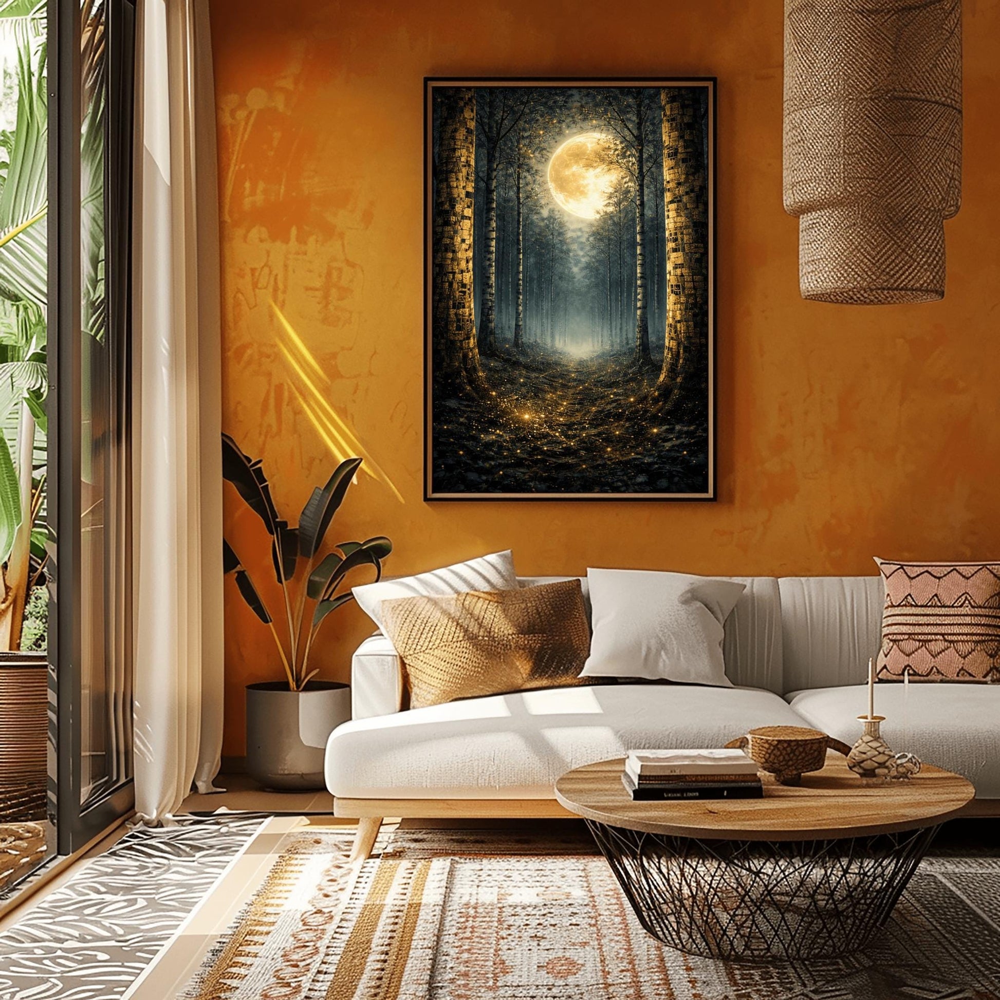 A vertical art print in the style of Gustav Klimt showing a dark forest at night. Tall, dark, silhouetted tree trunks frame a central path that leads toward a bright light in the distance. A massive, glowing golden moon with intricate textures dominates the upper center of the image. The base of the trees and the forest floor are sprinkled with shimmering gold mosaic patterns and light specks, contrasting sharply against the dark background.