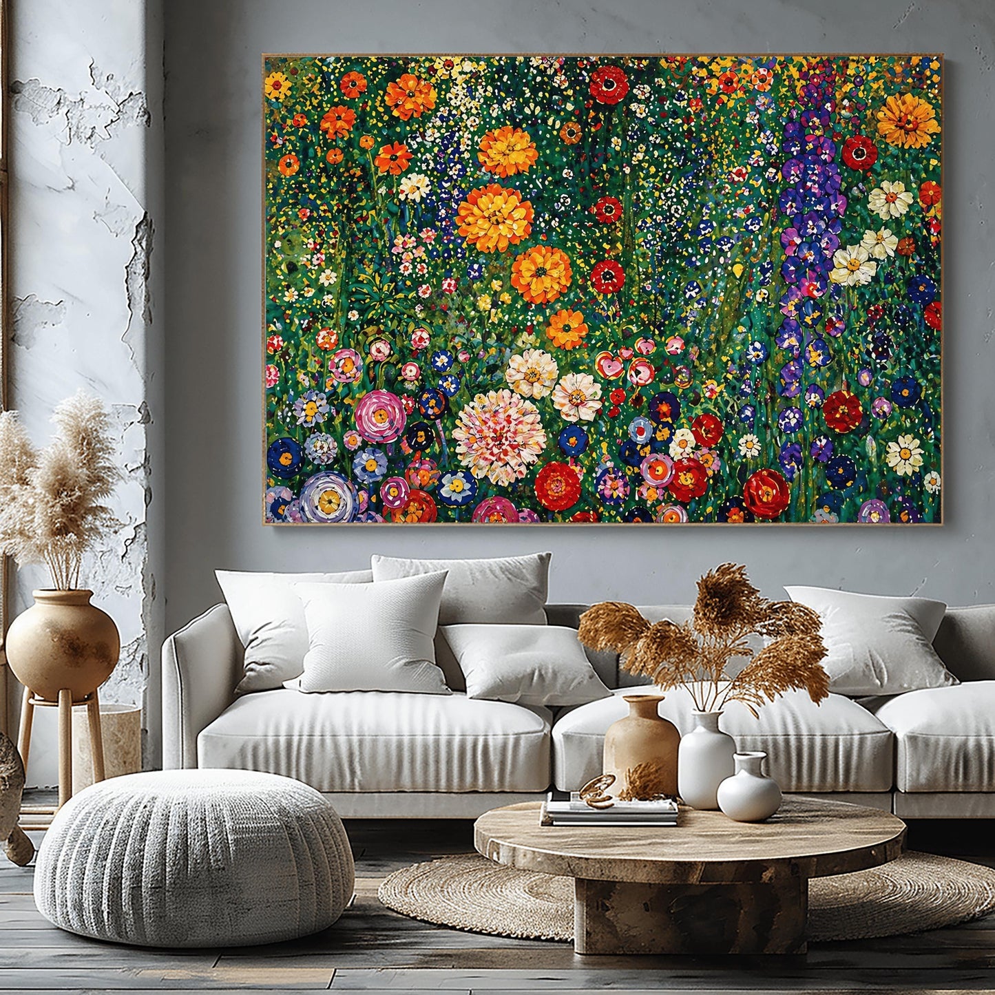 A horizontal art print featuring a dense and vibrant field of wildflowers in the style of Gustav Klimt. The image is a maximalist mosaic of colors, with large orange and red flowers, tall purple stalks, and small white and yellow daisies packed tightly together. The background is a lush, dappled green. The painting style uses small, thick brushstrokes to create a textured, tapestry-like effect across the entire surface.