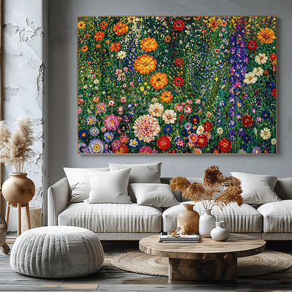 A horizontal art print featuring a dense and vibrant field of wildflowers in the style of Gustav Klimt. The image is a maximalist mosaic of colors, with large orange and red flowers, tall purple stalks, and small white and yellow daisies packed tightly together. The background is a lush, dappled green. The painting style uses small, thick brushstrokes to create a textured, tapestry-like effect across the entire surface.