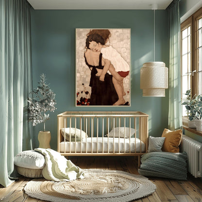 A vertical high-resolution reproduction of Gustav Klimt's Mother and Child. A mother with dark hair sleeps with her head resting against her young child, who is also asleep in her arms. The figures are surrounded by a decorative mosaic background of ivory, cream, and pastel geometric shapes. The style is soft, intimate, and characteristic of early 20th-century Art Nouveau.