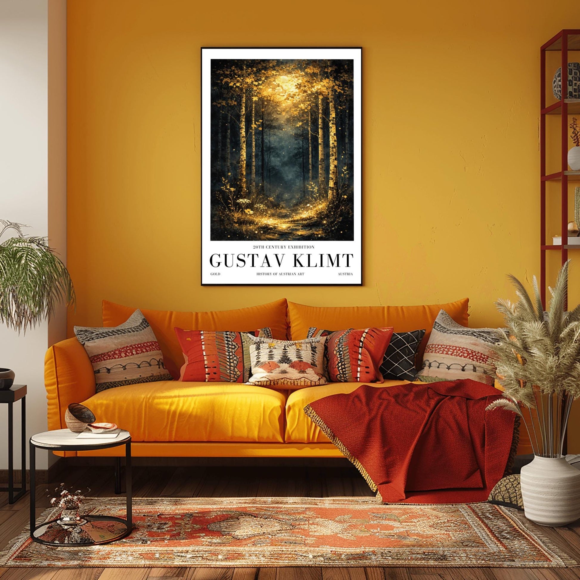 A vertical Art Nouveau illustration of a forest path at night or twilight. Golden birch trees with detailed bark frame a trail that leads into a misty forest. The path and foreground flowers are illuminated by a radiant golden light from above, filled with shimmering stardust.