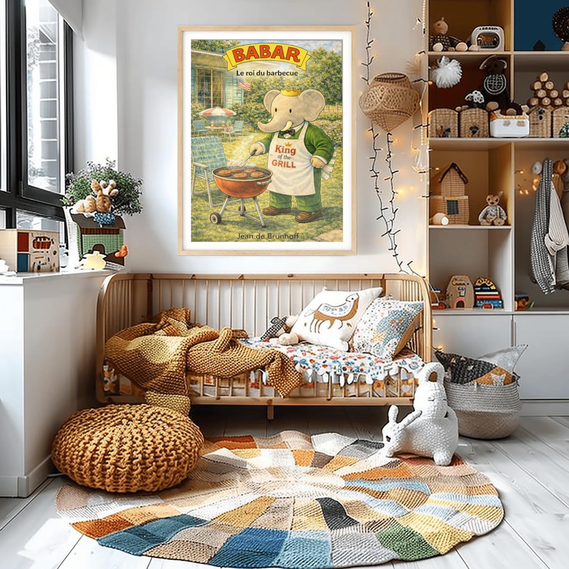 A vertical children's illustration poster titled "BABAR: Le roi du barbecue." King Babar, in a green suit and crown, stands in a sunny backyard wearing a white apron that says "King of the Grill." He is using a spatula to flip burgers on a red charcoal grill. The background shows a lush green lawn, retro patio chairs, a striped umbrella, and an American flag hanging from a house in the distance. The name "Jean de Brunhoff" is at the bottom.