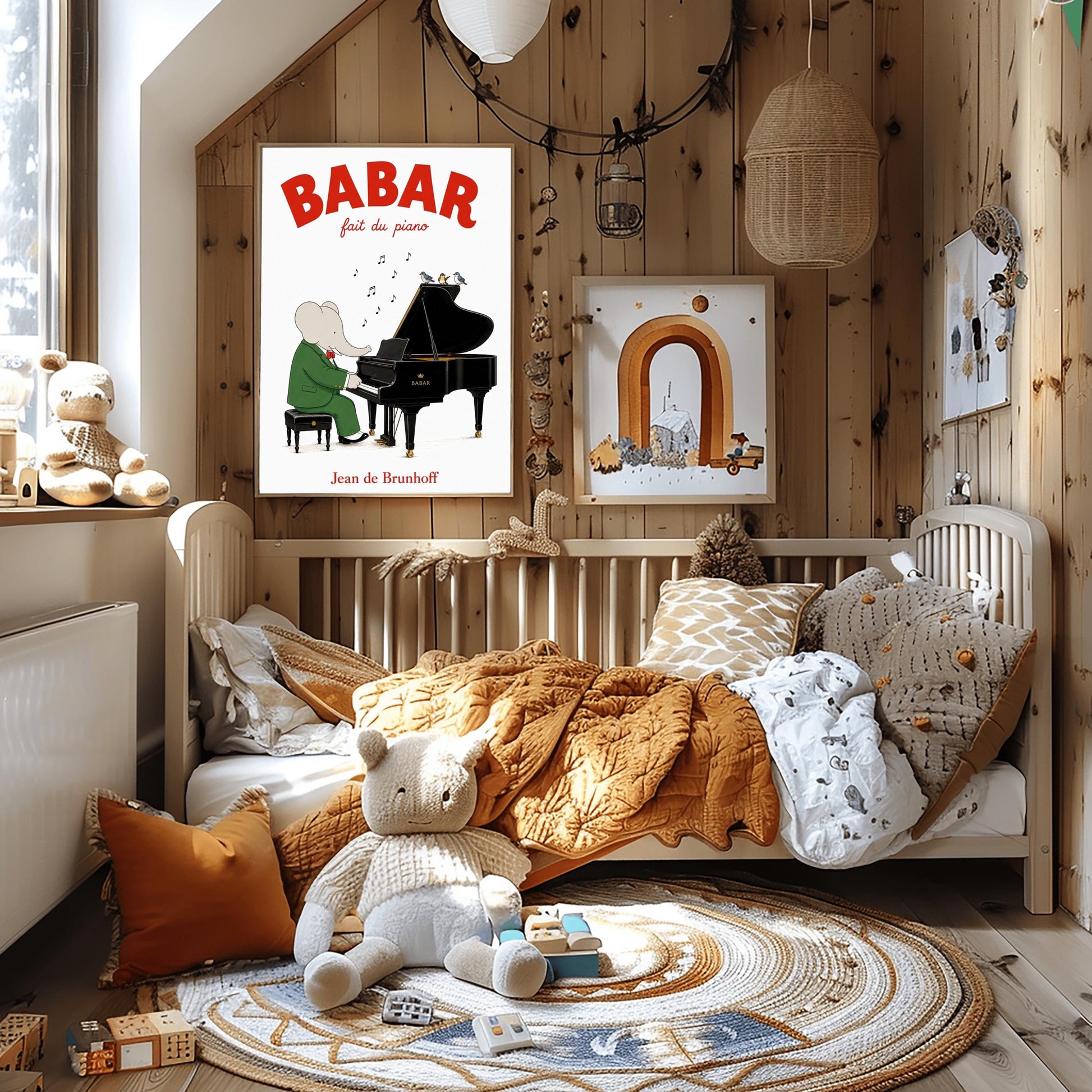 A vertical fine art exhibition poster featuring a classic illustration of Babar the Elephant by Jean de Brunhoff, as seen in Screenshot 2026-05-28 at 19.58.40.png. Set within a wide white border on a textured off-white background, the elephant is shown in a green suit and red bowtie sitting on a stool playing a black grand piano. Three small birds sit on the open piano lid under floating musical notes. Bold red text at the top reads "BABAR fait du piano".