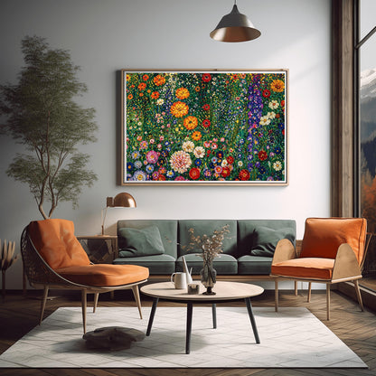 A horizontal art print featuring a dense and vibrant field of wildflowers in the style of Gustav Klimt. The image is a maximalist mosaic of colors, with large orange and red flowers, tall purple stalks, and small white and yellow daisies packed tightly together. The background is a lush, dappled green. The painting style uses small, thick brushstrokes to create a textured, tapestry-like effect across the entire surface.