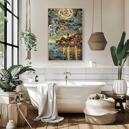 A vertical, highly detailed painting in the style of Gustav Klimt. A seaside village with warm orange and red houses sits on a coastline. The sky is a dark blue swirl of mosaic patterns, circles, and a large golden moon. The water in the foreground reflects the lights of the houses and the sky in shimmering golden and blue horizontal brushstrokes. The style is rich in texture with heavy gold accents.