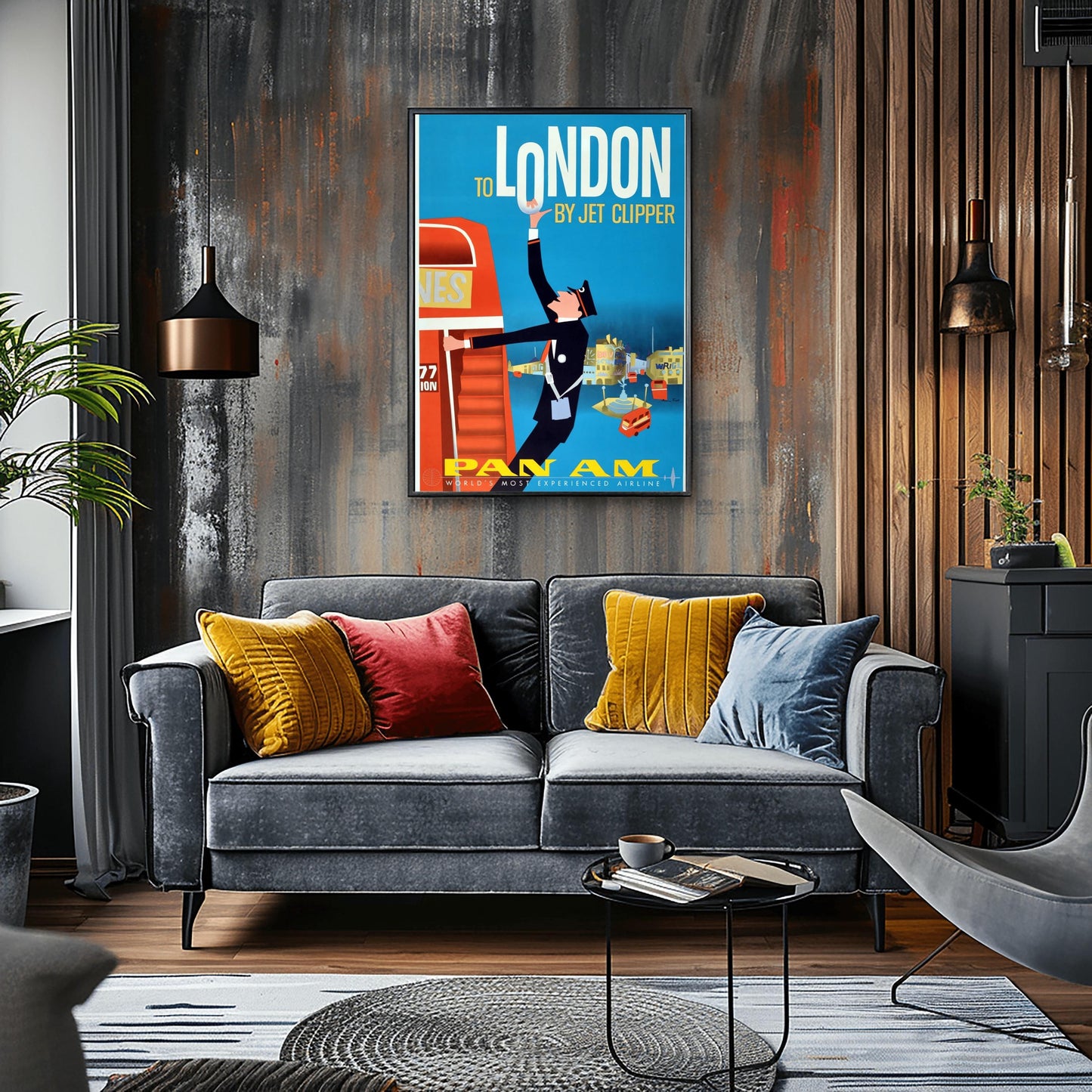 A vertical vintage travel poster with a blue background. At the top, the words "TO LONDON BY JET CLIPPER" are written in white and yellow font. A graphic illustration shows a bus conductor in a black uniform swinging off a large red double-decker bus on the left, reaching his arm up to hold the letter O in "LONDON". The lower background features stylized yellow and blue buildings of Piccadilly Circus with small red buses. The bottom features yellow "PAN AM" branding.
