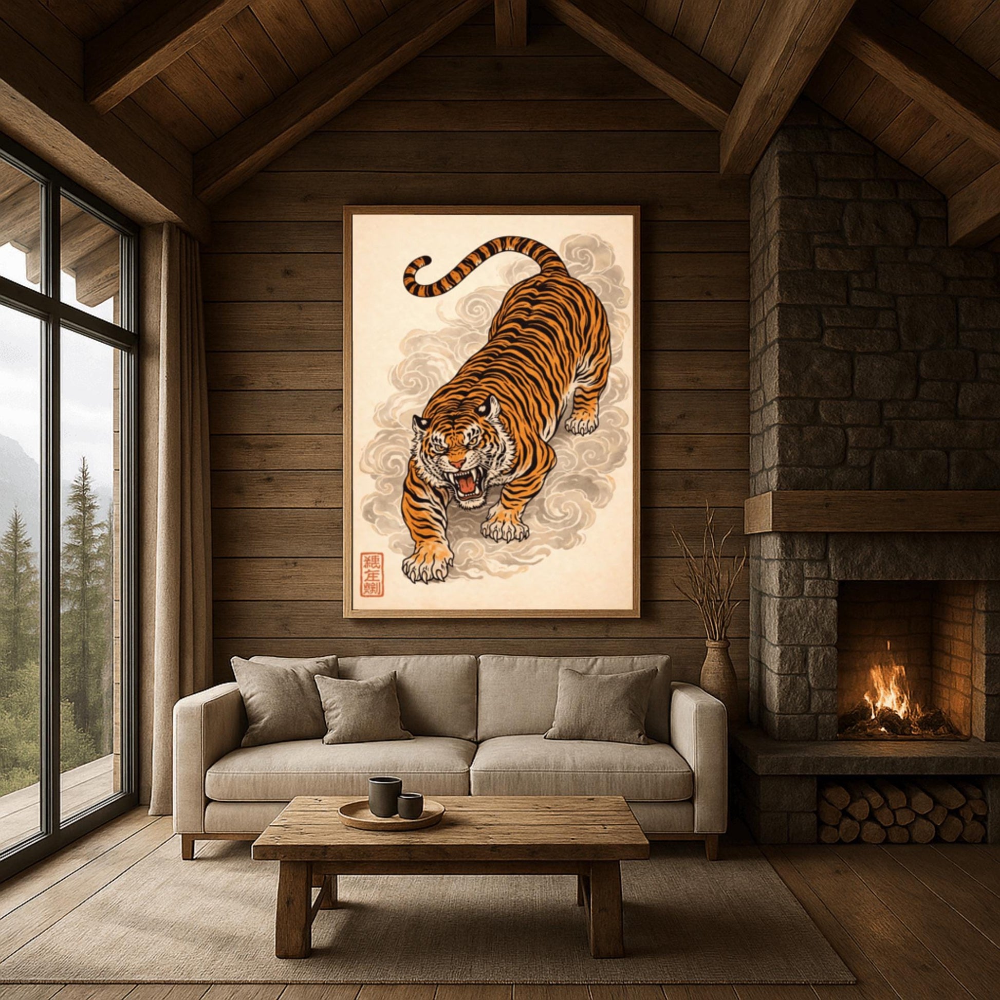 A vertical Japanese-style art print of an orange and black striped tiger prowling forward with an open mouth and fierce expression. The tiger is surrounded by stylized, swirling grey clouds of mist. The background is a textured light cream color, and a red square calligraphy seal is visible in the bottom left corner. The style is reminiscent of traditional ukiyo-e woodblock prints.