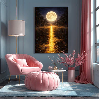 A vertical Art Nouveau-style illustration of a calm lake at night. A large, radiant golden moon is centered in the sky, reflecting a long, shimmering path of golden light vertically down the water. The shoreline is silhouetted by dark trees and a golden mist filled with fireflies.
