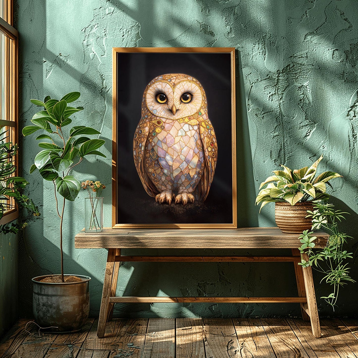 A vertical full-bleed illustration of a barn owl in the style of Gustav Klimt. The owl's body is a complex mosaic of gold, cream, and iridescent pastel tiles with small colorful gemstones embedded in the wings. It has large dark eyes and stands against a solid black background.