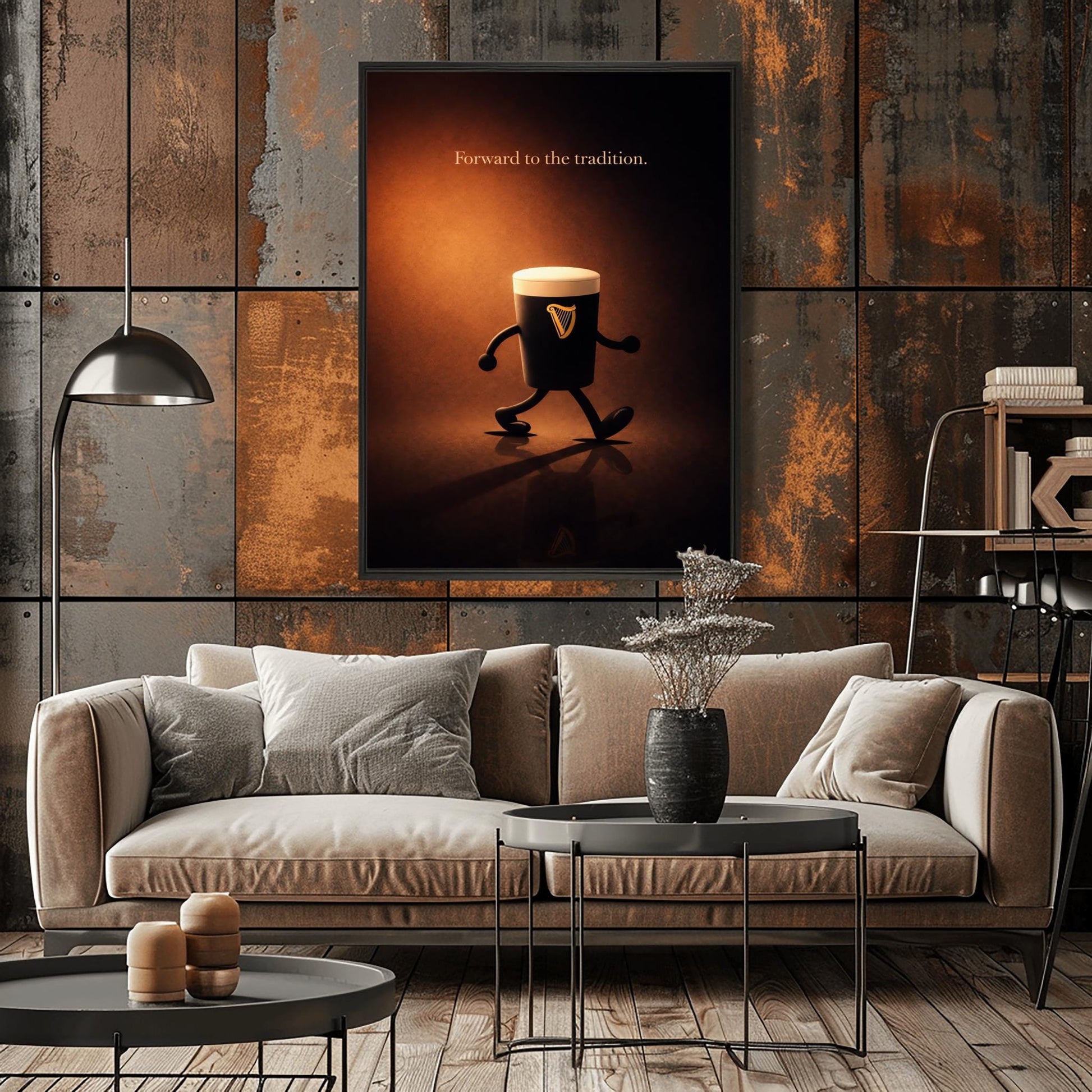 A vertical cinematic illustration of a 3D Guinness pint character with cartoon arms and legs, walking across a reflective dark floor. The background is a warm, glowing amber light. At the top, the words "Forward to the tradition." are written in a gold-colored serif font.