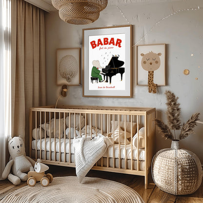 A vertical fine art exhibition poster featuring a classic illustration of Babar the Elephant by Jean de Brunhoff, as seen in Screenshot 2026-05-28 at 19.58.40.png. Set within a wide white border on a textured off-white background, the elephant is shown in a green suit and red bowtie sitting on a stool playing a black grand piano. Three small birds sit on the open piano lid under floating musical notes. Bold red text at the top reads "BABAR fait du piano".