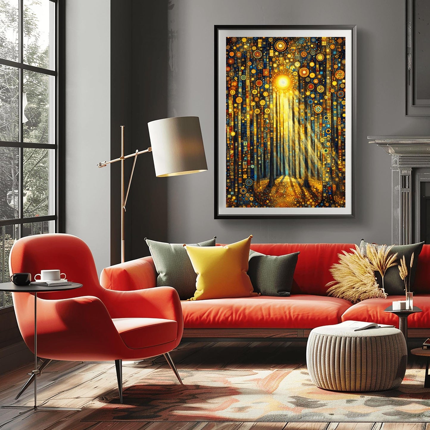 A vertical fine art print in the style of Gustav Klimt. Tall, dark tree trunks stand in a forest where the ground and sky are filled with dense gold and blue mosaic circles. A bright sun in the upper center casts long, golden pillars of light down through the trees, illuminating the patterned forest floor.