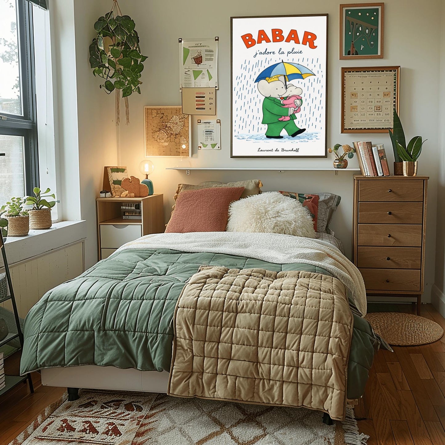 A vertical children's illustration poster titled "BABAR: j'adore la pluie" in orange and blue. King Babar, in a green suit and crown, is walking through the rain while holding a blue and yellow striped umbrella. He is carrying a small elephant wearing a pink rainsuit. They are walking through light blue puddles on a white background. The name "Laurent de Brunhoff" is at the bottom.