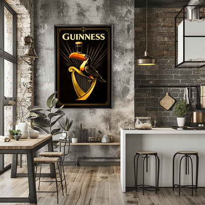 A vertical Art Deco style poster for Guinness. A colorful toucan perches on a large golden harp against a black background. Golden rays of light radiate from behind the toucan, which is balancing a pint of beer on its beak. The word "GUINNESS" is written in large gold letters at the top.