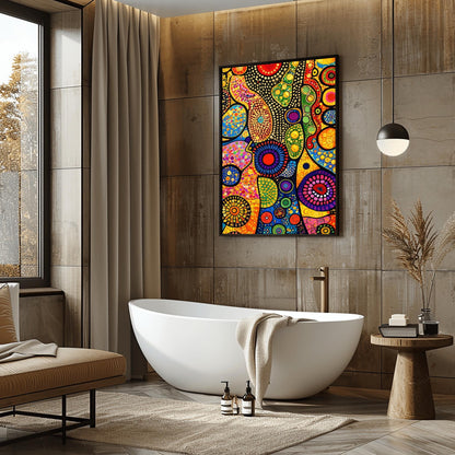 A vertical fine art print in the style of Gustav Klimt. An abstract composition of organic, flowing shapes filled with colorful dots, circles, and geometric patterns in red, blue, green, and orange. Shimmering gold leaf textures and "pebbled" patterns are interspersed throughout, set against a dark, structured background.