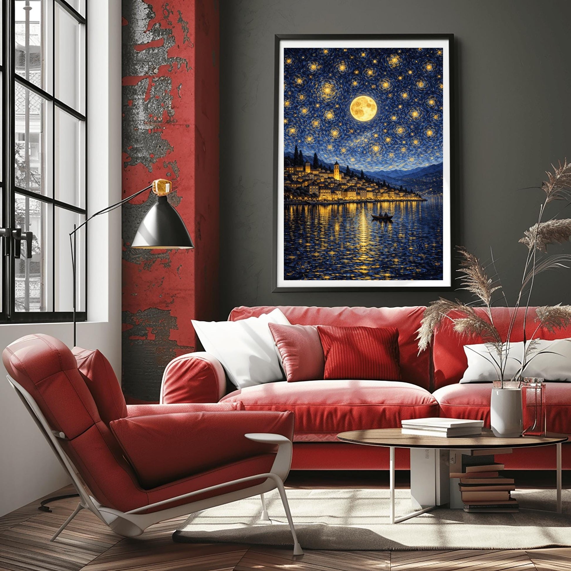 A vertical digital illustration of a coastal town at night in an impressionist style. A large full moon and many swirling yellow stars fill a deep blue sky. The golden lights of the hillside buildings reflect in the water below. A small rowboat with two people is in the foreground.