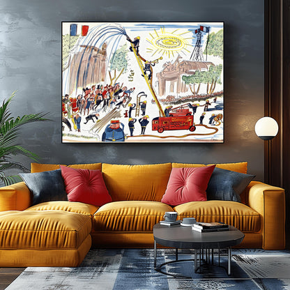 A horizontal whimsical illustration of firemen in Paris dated 1946. In the center, a red vintage fire truck from Versailles has a long yellow ladder extended high into the air. Two firemen scale the ladder; one sprays a large fountain of water while another blows a trumpet. Below, a crowd of people in suits and top hats watches the display. The background includes a stone archway, green trees, a large stylized sun, and French flags. The style uses loose black outlines and bright primary colors.