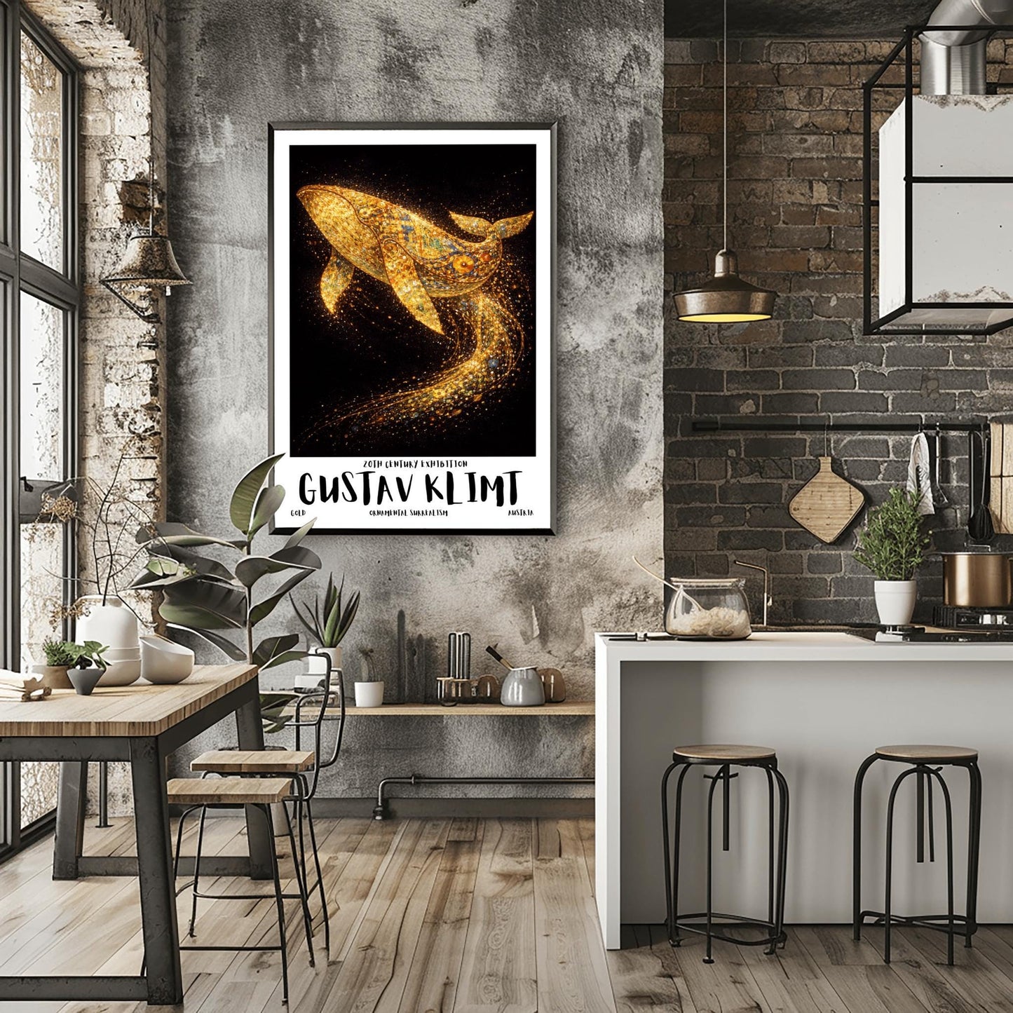 A vertical exhibition poster for Gustav Klimt featuring a large humpback whale made of golden mosaic patterns. The whale is breaching against a black background, leaving a trail of sparkling gold dust. Bold text at the bottom reads "GUSTAV KLIMT" and "Ornamental Surrealism."