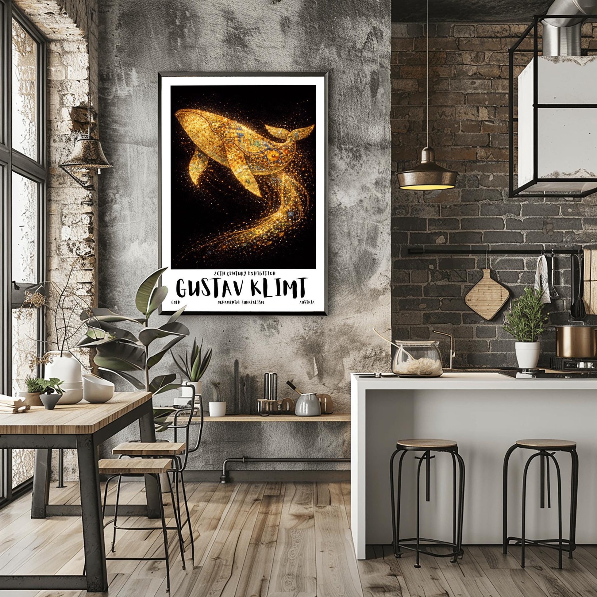 A vertical exhibition poster for Gustav Klimt featuring a large humpback whale made of golden mosaic patterns. The whale is breaching against a black background, leaving a trail of sparkling gold dust. Bold text at the bottom reads "GUSTAV KLIMT" and "Ornamental Surrealism."