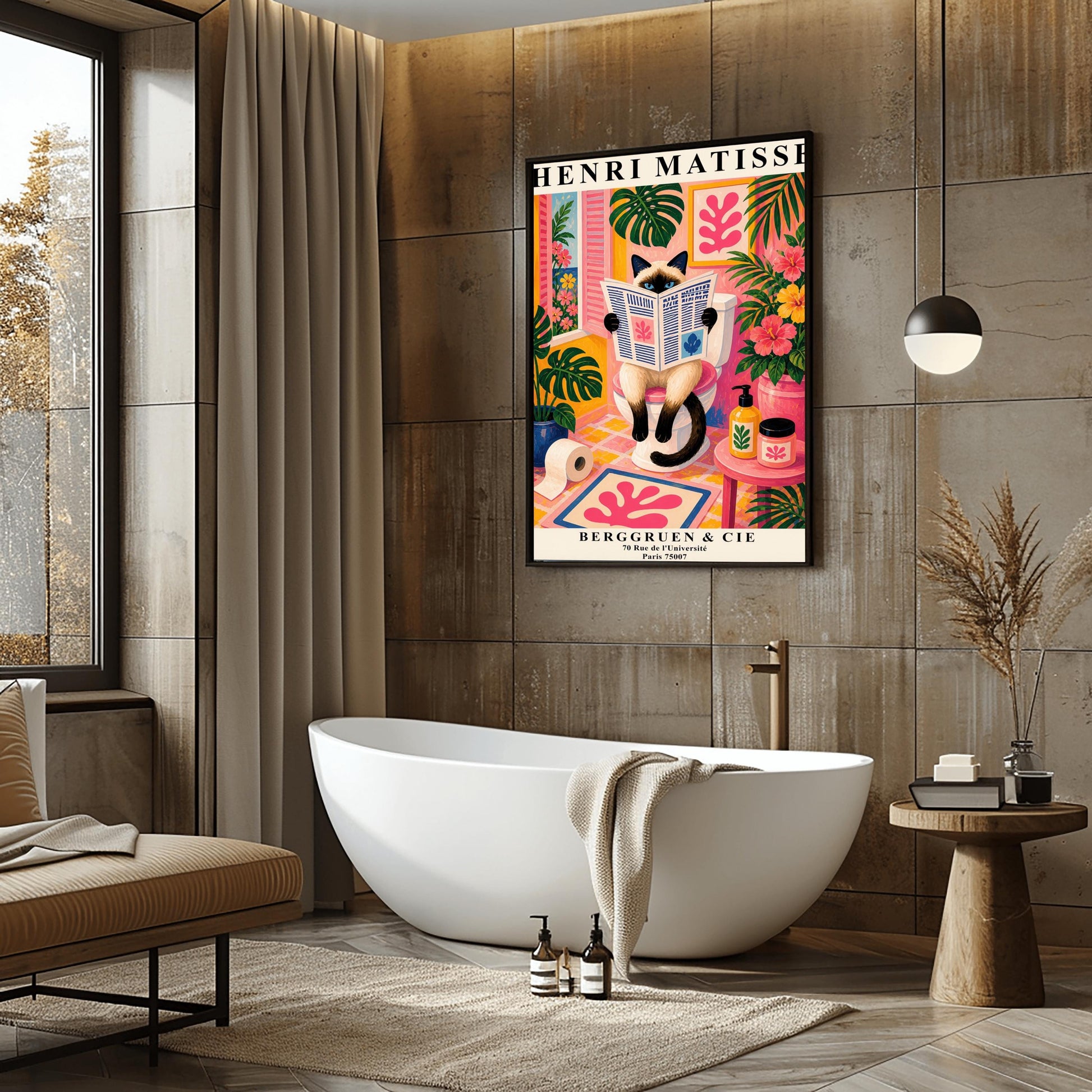 A vertical maximalist art print designed as a Henri Matisse exhibition poster. A cream-colored Siamese cat with dark brown points and blue eyes sits on a toilet, holding and reading a newspaper. The bathroom is vibrantly colored with pink walls, yellow and pink checkered tiles, and lush green monstera plants. A window with pink shutters looks out onto a blue sea. A pink bath mat with a leaf cut-out design and colorful soap jars add to the eclectic decor.