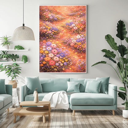 A vertical, highly detailed Art Nouveau-style illustration of a dense wildflower meadow. Stylized flowers in shades of lavender, coral, and orange are outlined in gold. Shimmering golden particles float between the blooms against a warm, glowing amber background.