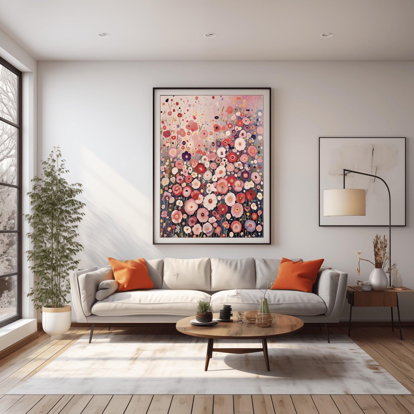 a modern living room with a large floral painting on the wall, a white sofa with orange throw pillows, a wooden coffee table, and a large window that allows natural light to fill the space.