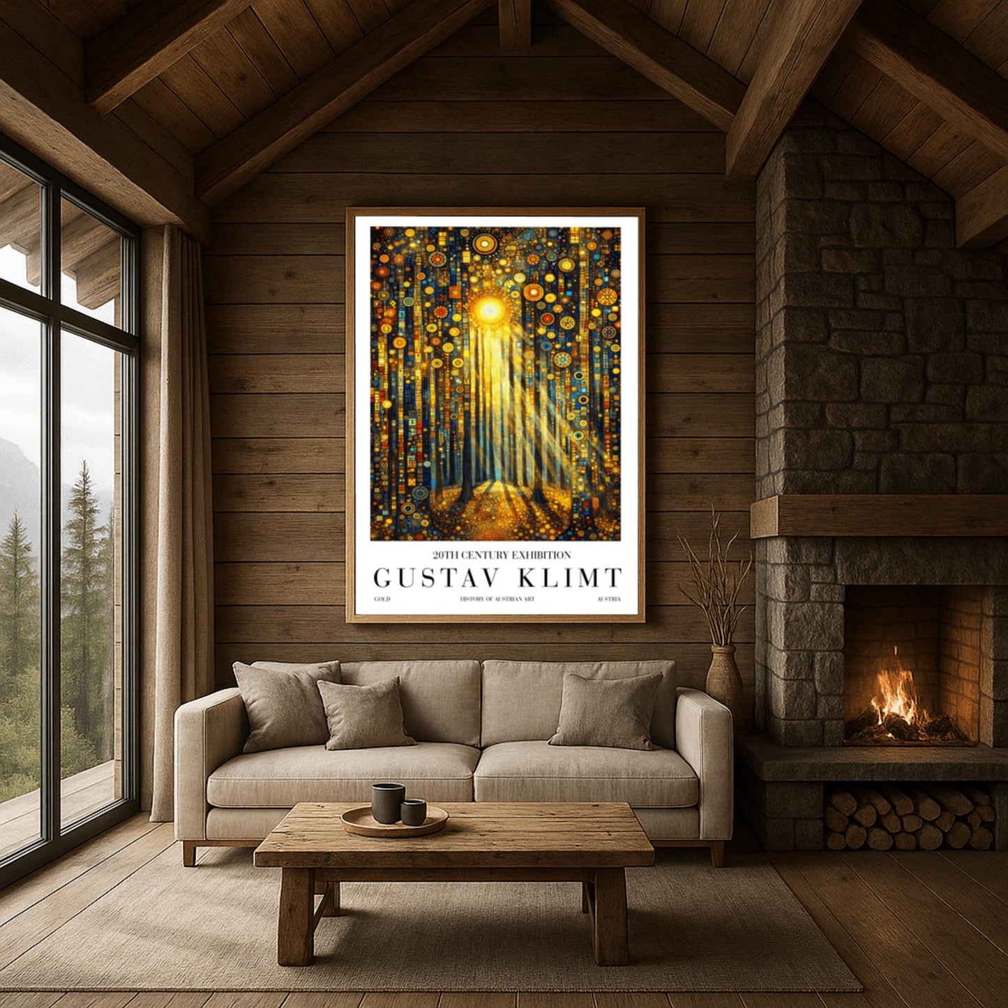 A vertical museum exhibition poster in the style of Gustav Klimt. Dark, slender tree trunks stand in a forest where the sky and ground are made of dense gold and blue mosaic circles. A bright sun in the upper center casts long, sharp pillars of light down to the forest floor. Bold black text at the bottom reads "GUSTAV KLIMT" and "HISTORY OF AUSTRIAN ART."
