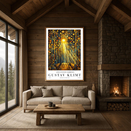 A vertical museum exhibition poster in the style of Gustav Klimt. Dark, slender tree trunks stand in a forest where the sky and ground are made of dense gold and blue mosaic circles. A bright sun in the upper center casts long, sharp pillars of light down to the forest floor. Bold black text at the bottom reads "GUSTAV KLIMT" and "HISTORY OF AUSTRIAN ART."