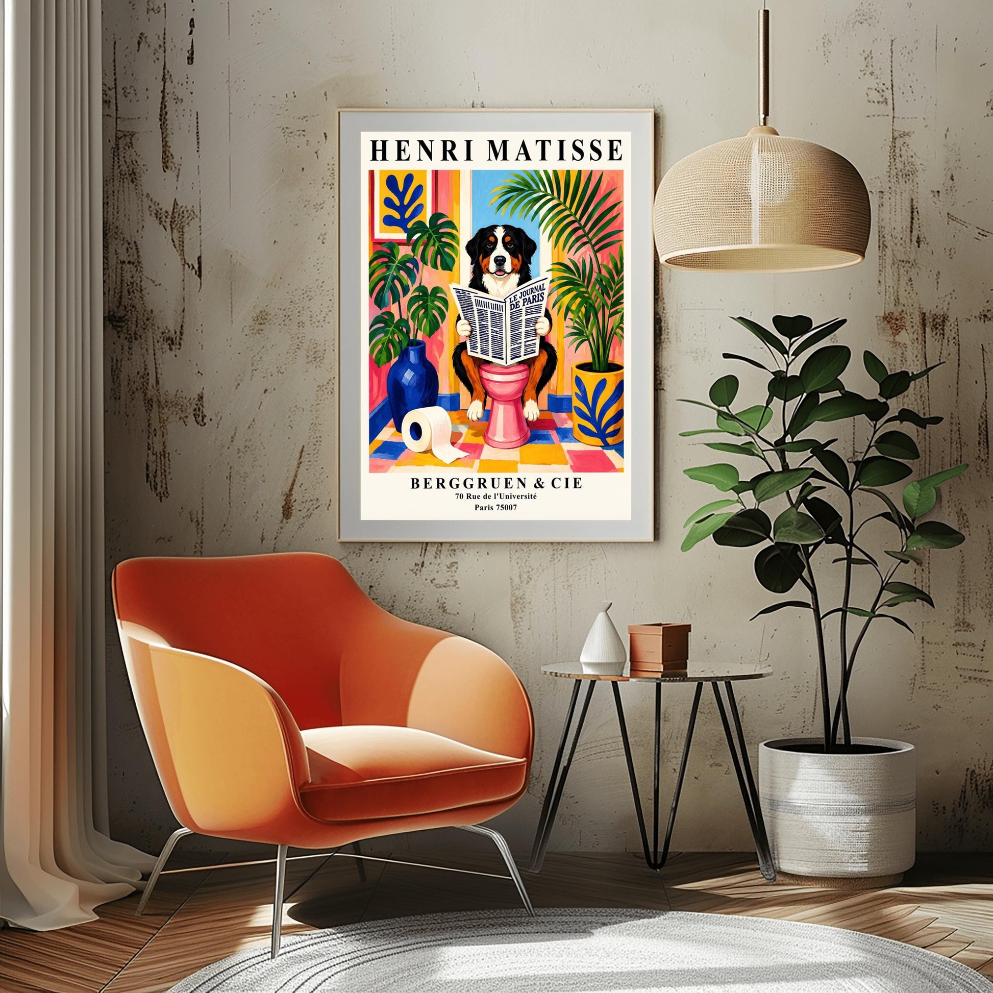A vertical retro exhibition poster for Henri Matisse set on a wide cream border. The central image shows a colorful, painterly Fauvism illustration of a fluffy black, white, and tan Bernese Mountain Dog sitting on a pink toilet. The dog is looking forward with a slight smile while holding open a large newspaper titled "LE JOURNAL DE PARIS". The background is a bright, sunlit bathroom with pink and yellow walls, a checkered tile floor, a framed blue coral print