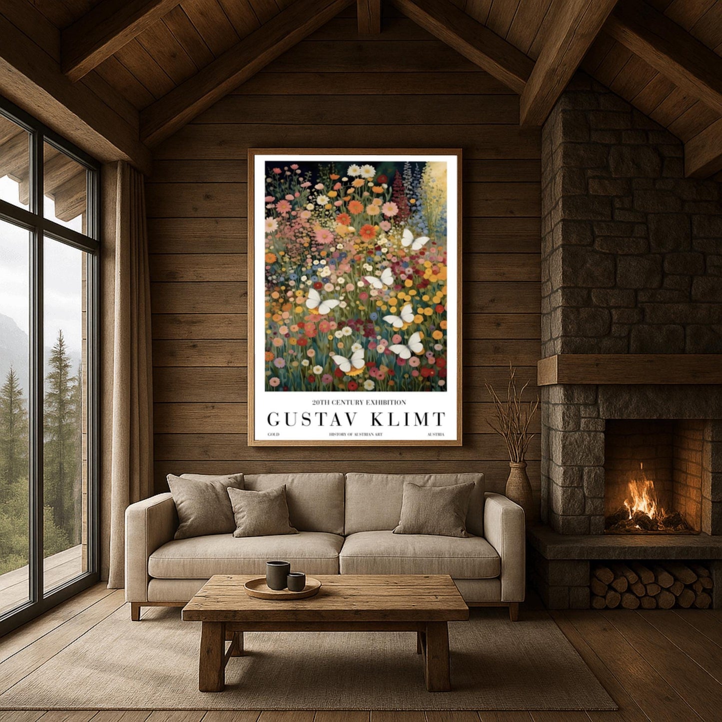 A vertical fine art painting in the style of Gustav Klimt. A dense field of colorful wildflowers in shades of orange, pink, yellow, and red fills the frame. Several large, delicate white butterflies are scattered throughout the meadow, appearing to fly toward a soft golden light in the upper right corner. The style is highly textured with decorative mosaic patterns.