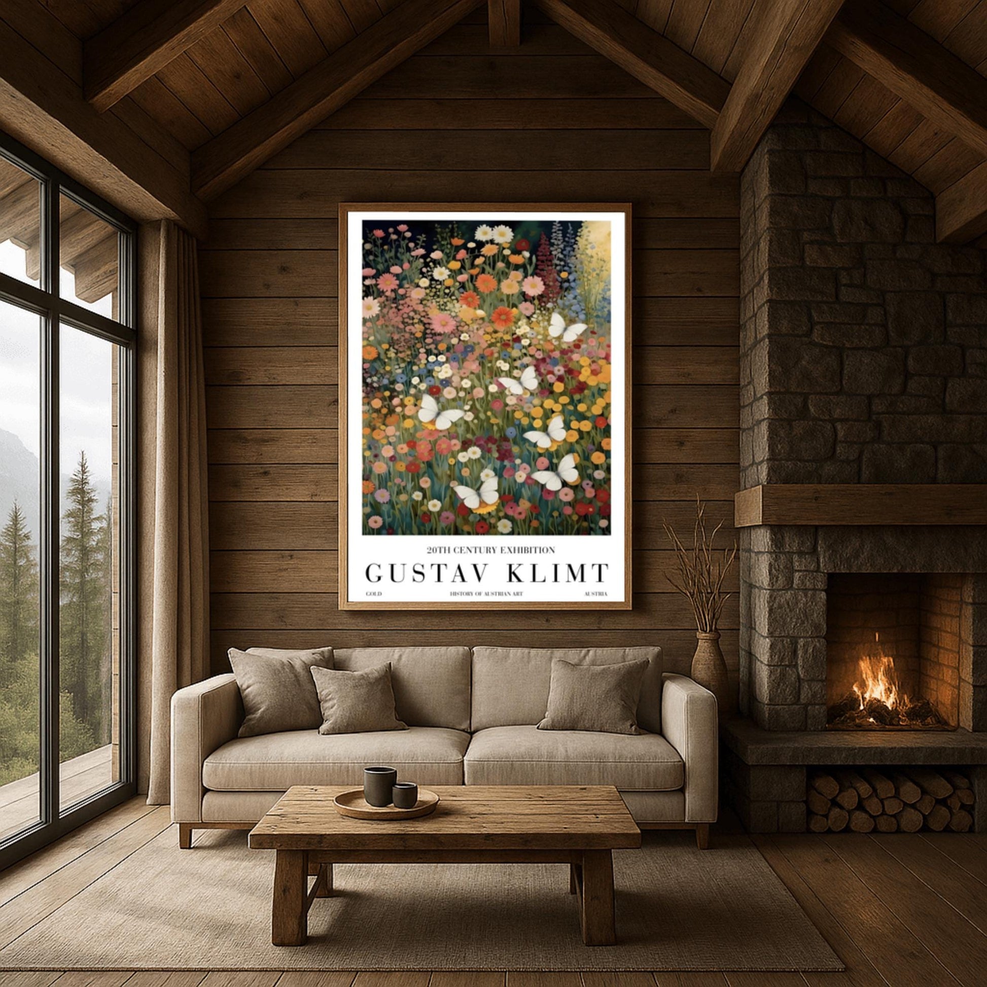 A vertical fine art painting in the style of Gustav Klimt. A dense field of colorful wildflowers in shades of orange, pink, yellow, and red fills the frame. Several large, delicate white butterflies are scattered throughout the meadow, appearing to fly toward a soft golden light in the upper right corner. The style is highly textured with decorative mosaic patterns.