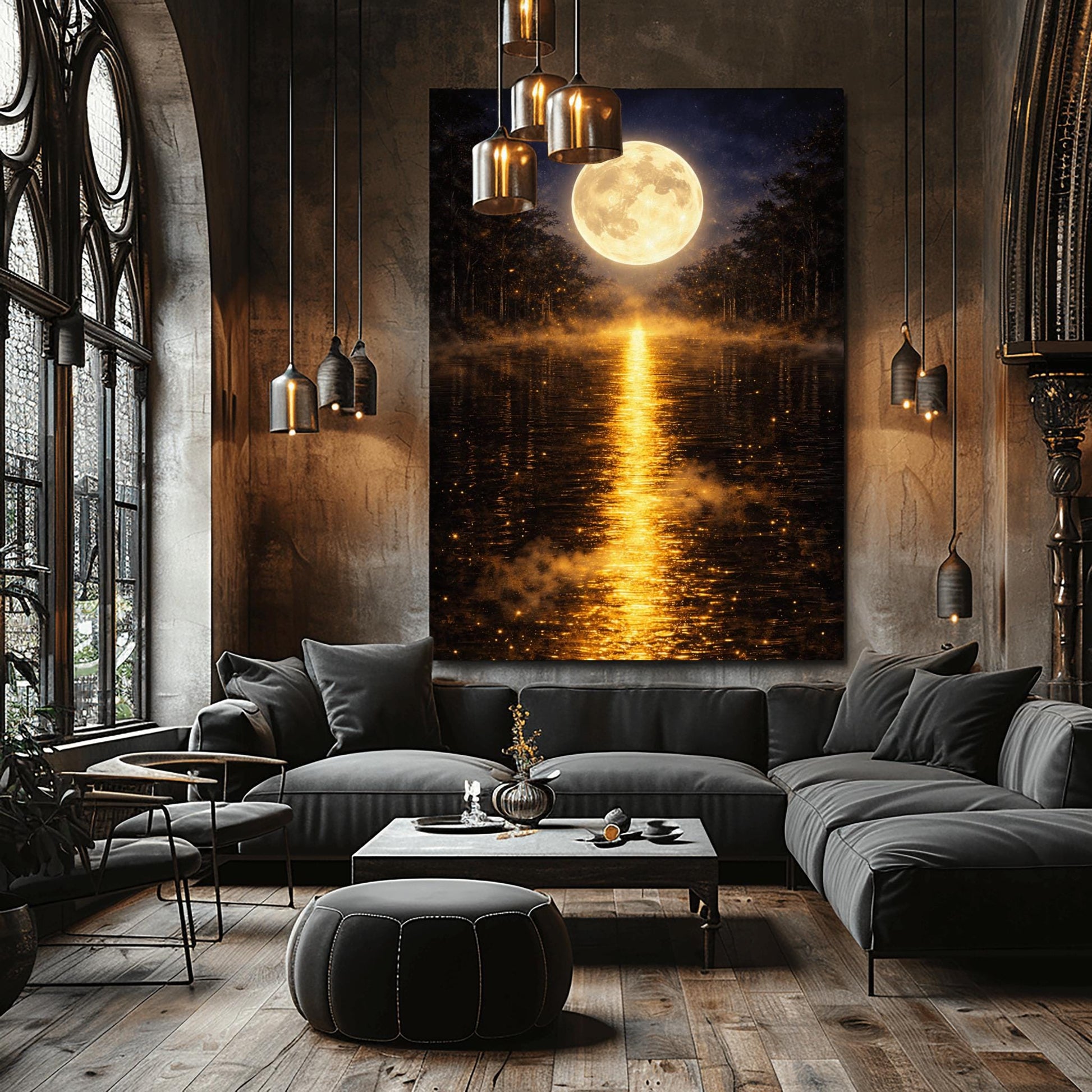 A vertical Art Nouveau-style illustration of a calm lake at night. A large, radiant golden moon is centered in the sky, reflecting a long, shimmering path of golden light vertically down the water. The shoreline is silhouetted by dark trees and a golden mist filled with fireflies.