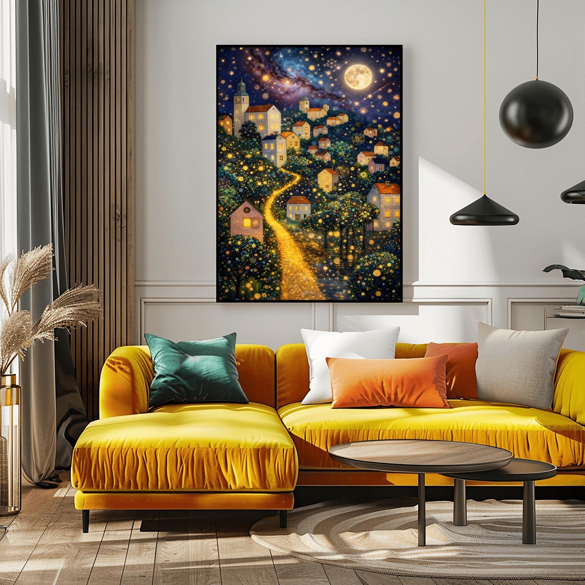 A vertical fine art painting in the style of Gustav Klimt. A hillside village with white houses and orange roofs is illuminated by a large, textured golden moon and a swirling starlit sky. A bright, glowing golden path winds through the village houses and mosaic-patterned trees. At the bottom, a dark sea reflects the shimmering lights. The style is highly decorative with gold leaf textures.