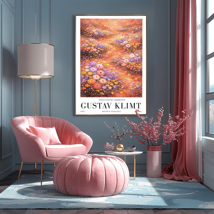 A vertical, highly detailed Art Nouveau-style illustration of a dense wildflower meadow. Stylized flowers in shades of lavender, coral, and orange are outlined in gold. Shimmering golden particles float between the blooms against a warm, glowing amber background.