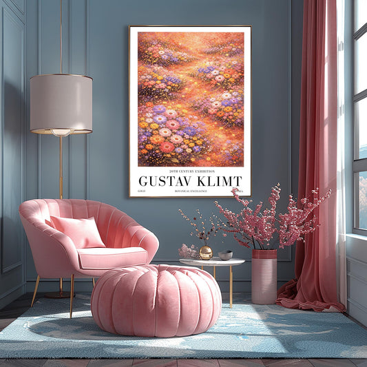 A vertical, highly detailed Art Nouveau-style illustration of a dense wildflower meadow. Stylized flowers in shades of lavender, coral, and orange are outlined in gold. Shimmering golden particles float between the blooms against a warm, glowing amber background.