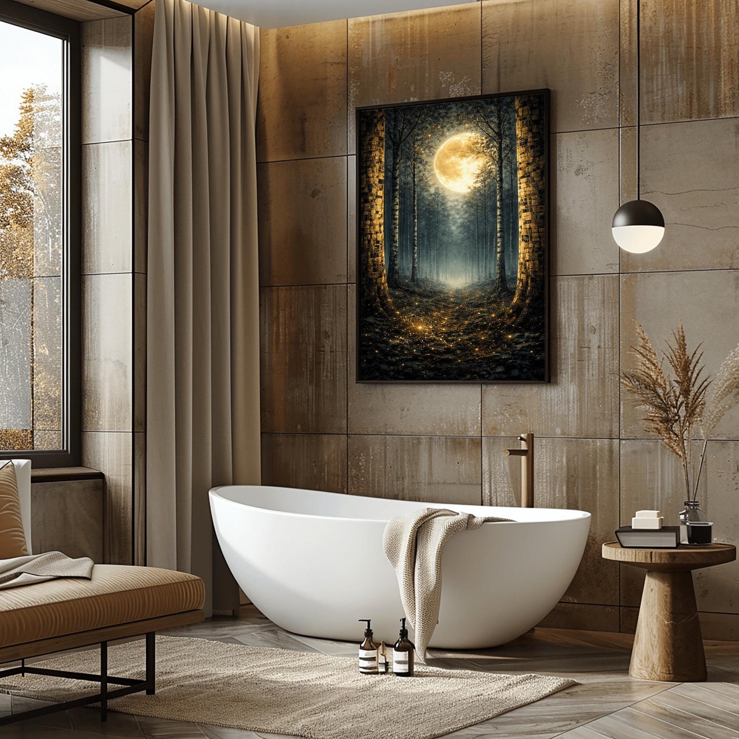 A vertical art print in the style of Gustav Klimt showing a dark forest at night. Tall, dark, silhouetted tree trunks frame a central path that leads toward a bright light in the distance. A massive, glowing golden moon with intricate textures dominates the upper center of the image. The base of the trees and the forest floor are sprinkled with shimmering gold mosaic patterns and light specks, contrasting sharply against the dark background.