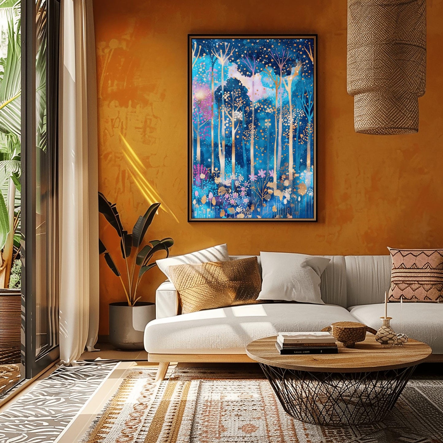 A vertical fine art print in the style of Gustav Klimt. A mystical forest with slender, glowing white and gold tree trunks set against a deep blue and periwinkle background. The canopy and floor are filled with thousands of tiny, glowing gold and amber dots, with small pink flowers at the base, creating a mosaic-like effect.