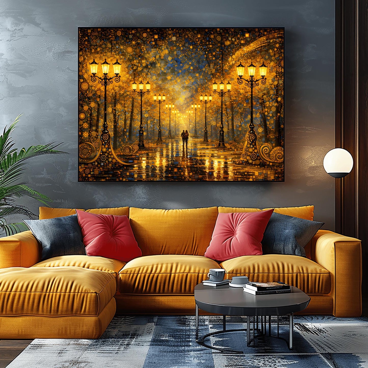 A horizontal fine art print in the style of Gustav Klimt. A couple walks down a rain-slicked park path lined with ornate, glowing golden lamp posts. The trees are made of gold and amber mosaic patterns under a dark blue sky filled with golden stars and geometric shapes. High contrast with radiant gold and deep navy tones.