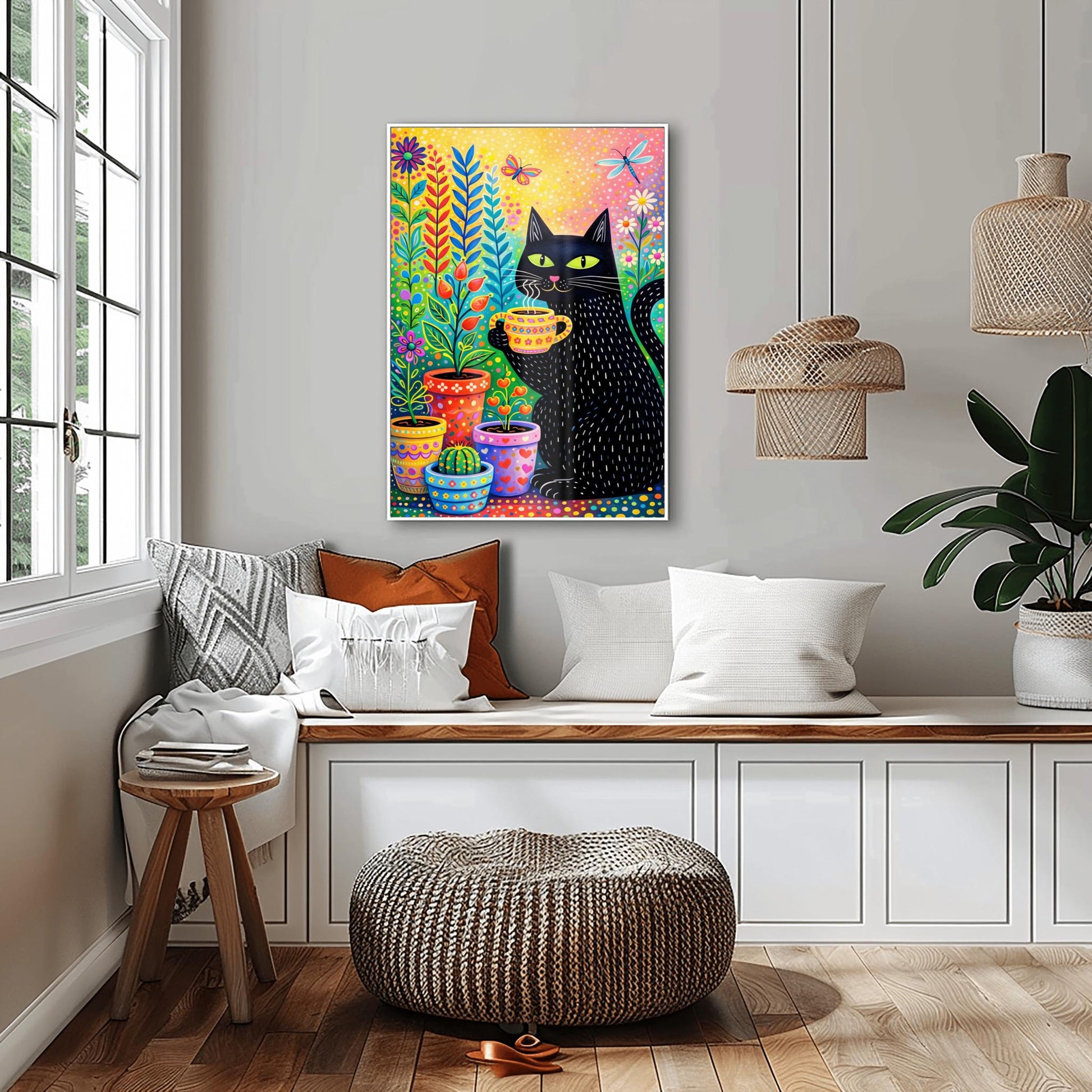 A vertical, colorful folk-art illustration of a black cat with green eyes holding a steaming yellow patterned mug. The cat has small white dashed lines for fur and is sitting next to several decorated flower pots containing a cactus and various colorful plants. A butterfly and a dragonfly fly in the upper portion of the image. The background is a bright, speckled gradient of yellow, pink, and orange.