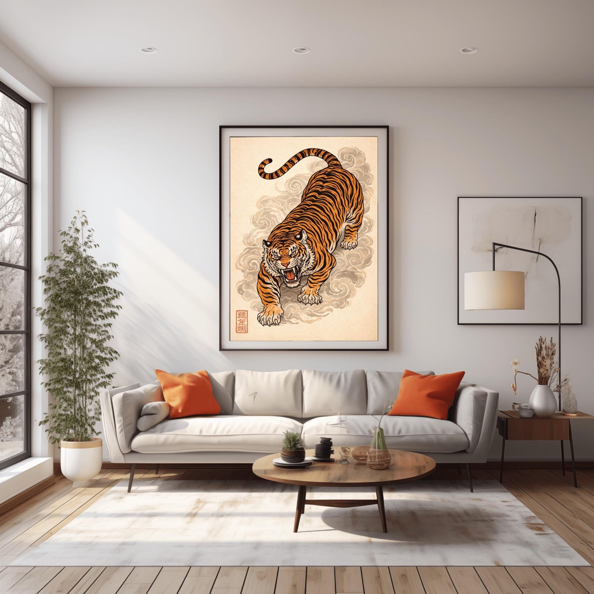 A vertical Japanese-style art print of an orange and black striped tiger prowling forward with an open mouth and fierce expression. The tiger is surrounded by stylized, swirling grey clouds of mist. The background is a textured light cream color, and a red square calligraphy seal is visible in the bottom left corner. The style is reminiscent of traditional ukiyo-e woodblock prints.