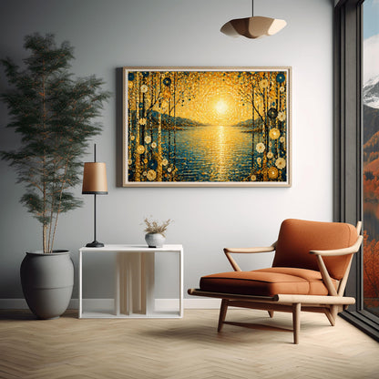 A horizontal art print in a decorative mosaic style inspired by Gustav Klimt. A large, radiant golden sun composed of shimmering circles hangs over a calm blue lake, with its light reflecting on the water's surface. The scene is framed on both sides by tall, thin birch trees decorated with stylized gold and cream flowers. Muted blue mountains are visible in the background under a sky filled with golden, dappled light patterns.