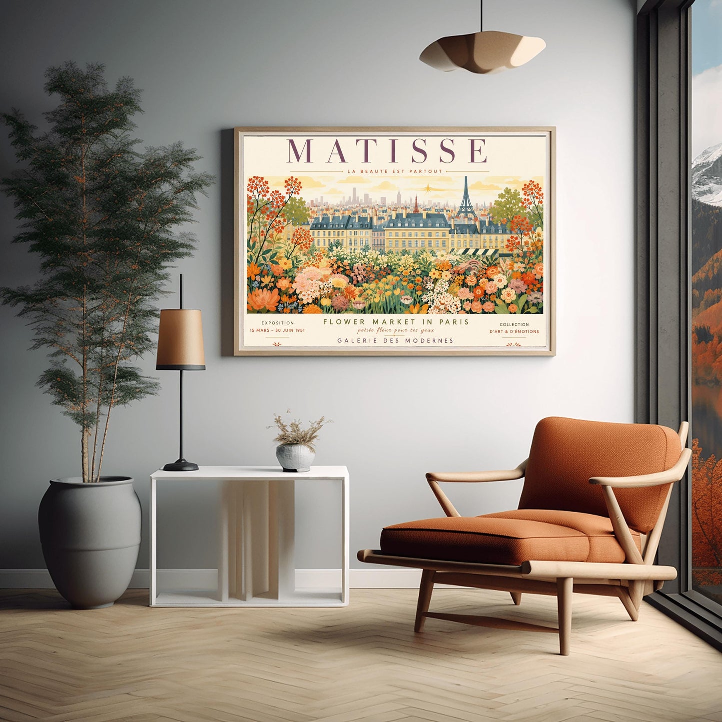 A French art exhibition poster titled "MATISSE" across the top. The central illustration shows a sprawling field of dense, colorful wildflowers in shades of orange, yellow, and white. In the background, classic Parisian buildings and the silhouette of the Eiffel Tower stand under a soft yellow sky. The text at the bottom reads "Flower Market in Paris, Galerie des Modernes, 24, Rue de l'Université, Paris."